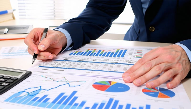 Bookkeeper analyzing business financial reports and cash flow charts.